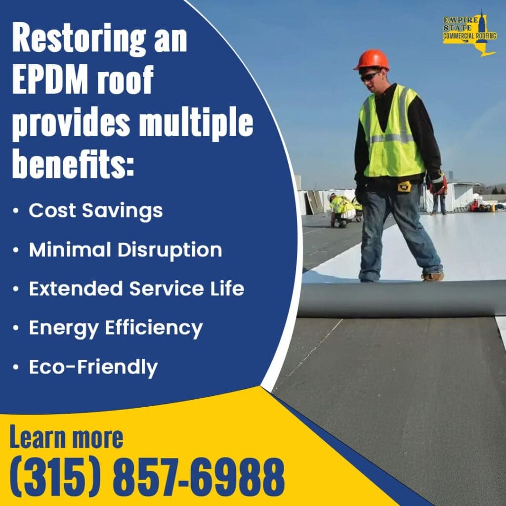 A roofer in a hard hat and safety vest working on installing an EPDM roof