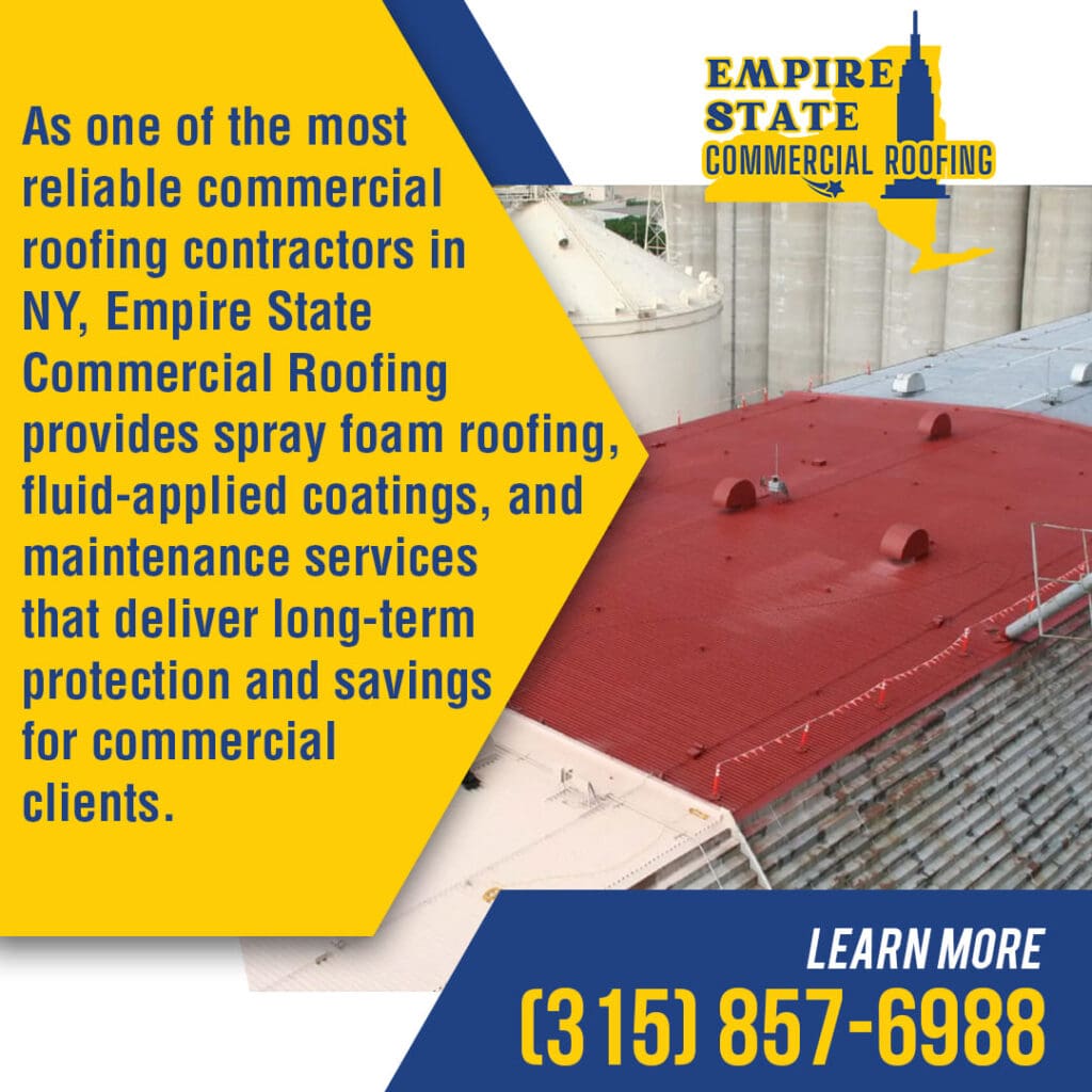 Red commercial roof next to white industrial silos, illustrating Empire State Commercial Roofing's spray foam and fluid-applied coating services for commercial clients.