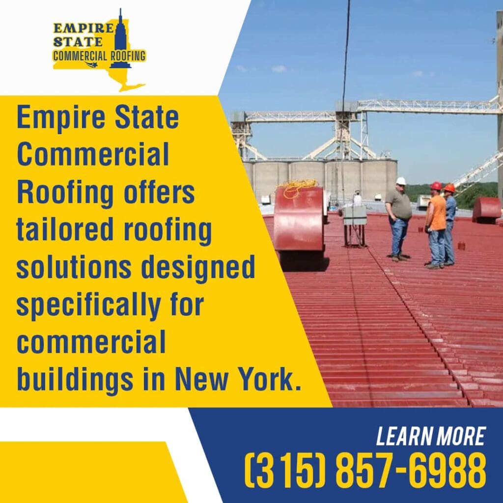 Workers on a red commercial roof with large industrial structures in the background, highlighting Empire State Commercial Roofing's tailored solutions for New York.