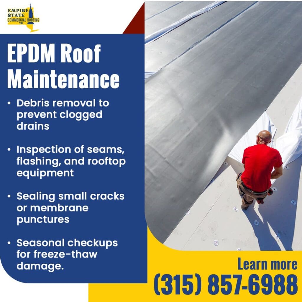 A roofer inspecting an EPDM roof