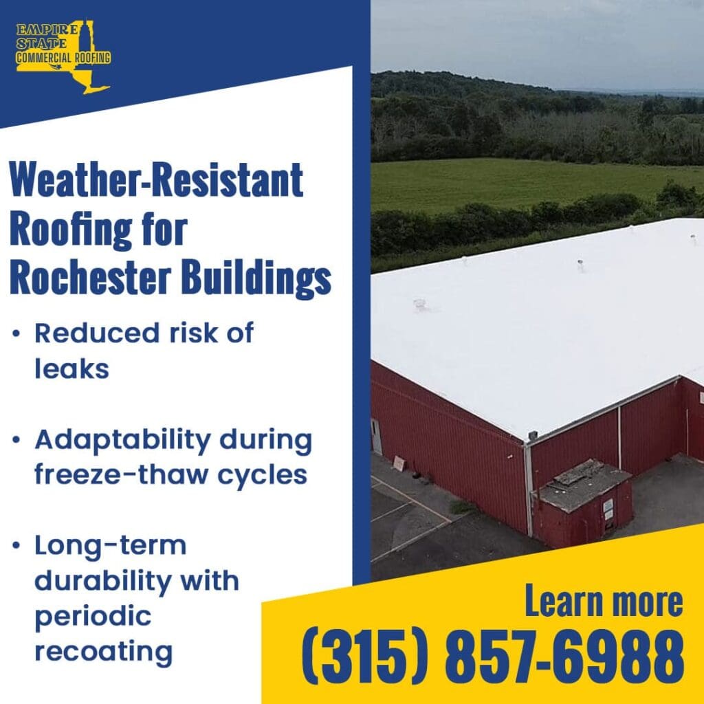 A large red and white commercial building with a new white roof